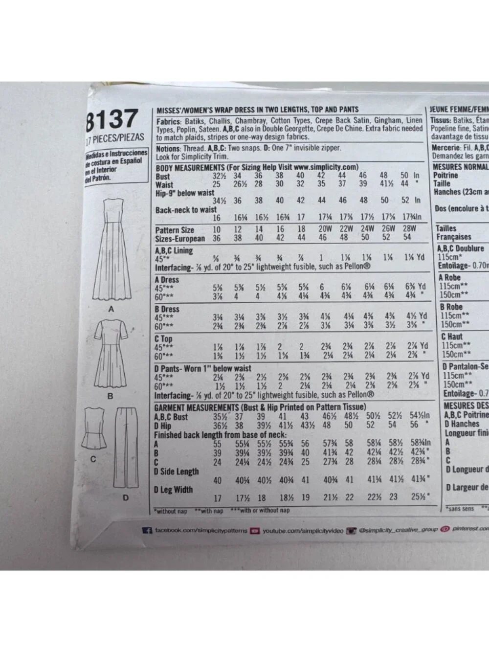 Simplicity Sewing Pattern 8137 Wrap Dress Top Pants Modern Feminine 10-18 Uncut